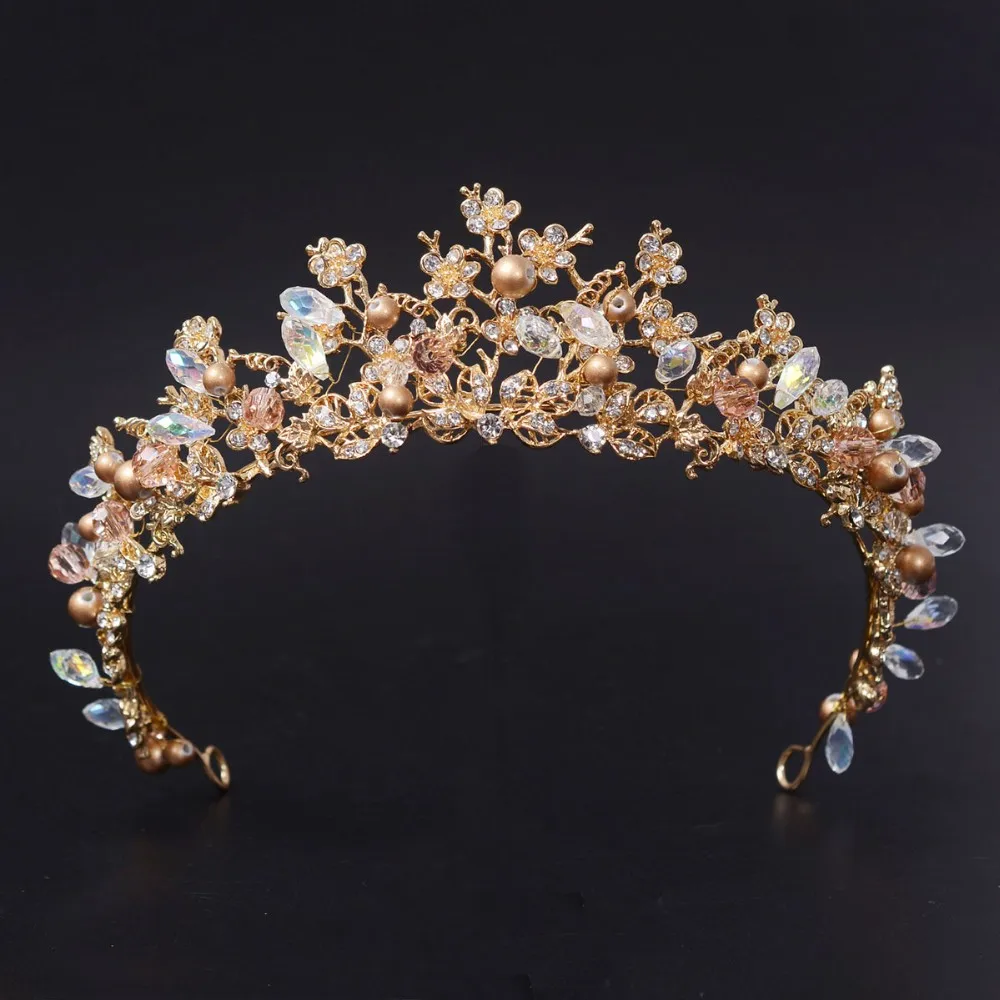 New Fashion Magnificent Pearl Crystal Bridal Crown Tiaras Classic Golden Diadem Tiaras For Women