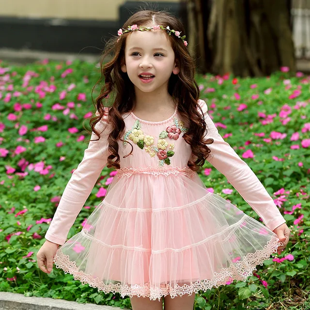 Girls Embroidered Net Yarn Princess Lace Dress 2018 New Autumn Baby