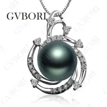 GVBORI из белого золота 18 карат таитянские черные жемчужины с алмазными подвесками, замшевые женские ботинки+ 925 пробы Серебряная цепочка Цепочки и ожерелья для Для женщин вечерние FineJewelry