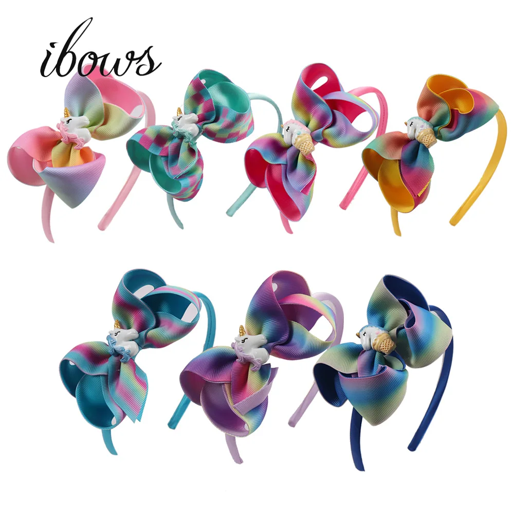 

4" Rainbow Printed Hair Bows With Horn Horse Grosgrain Elastic Hairband Boutique Handmade Headband For Girls Hair Accessories