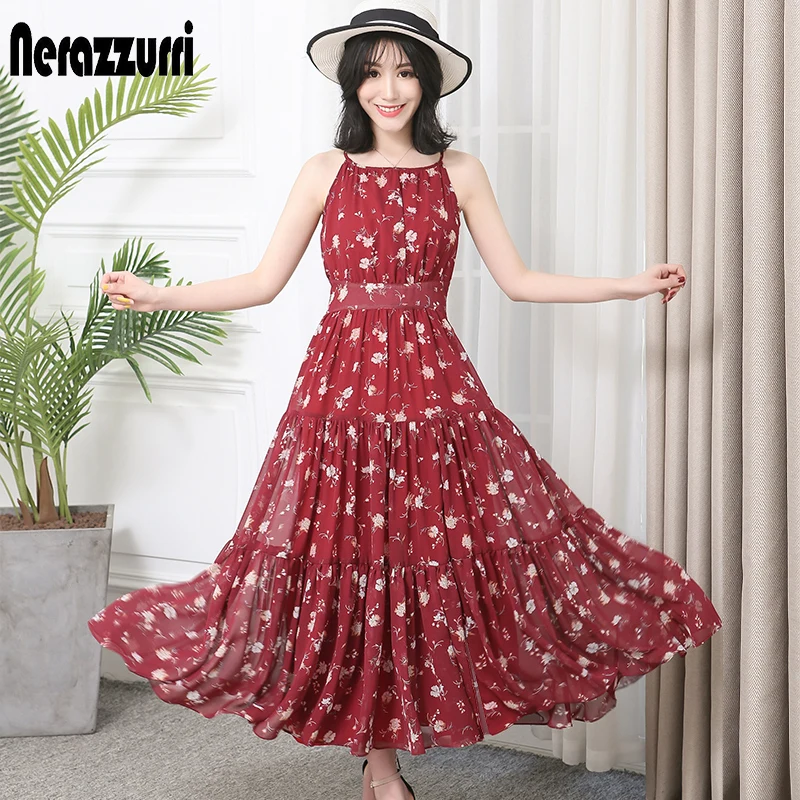 

Nerazzurri summer dress women long maxi plus size floral elegant pleated chiffon beach spaghetti strap sundresses 2019 4xl 5xl