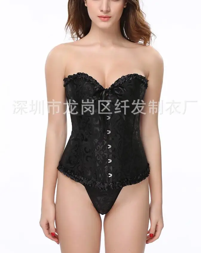 Sexy Lingerie Bustiers Black Satin Embroidered Corset Overbust Corsets PLUS SIZE: S M L XL XXL 3XL 4XL 5XL 6XL 8XL