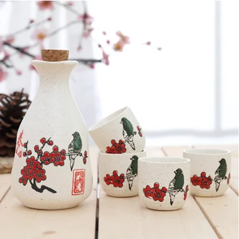 

5pcs/set Japanese Ceramic Sake Pot Set Wine Glass Flagon Wine Pot Liquor Cup Flower Pattern Kitchen Dining Bar Creative Gifts