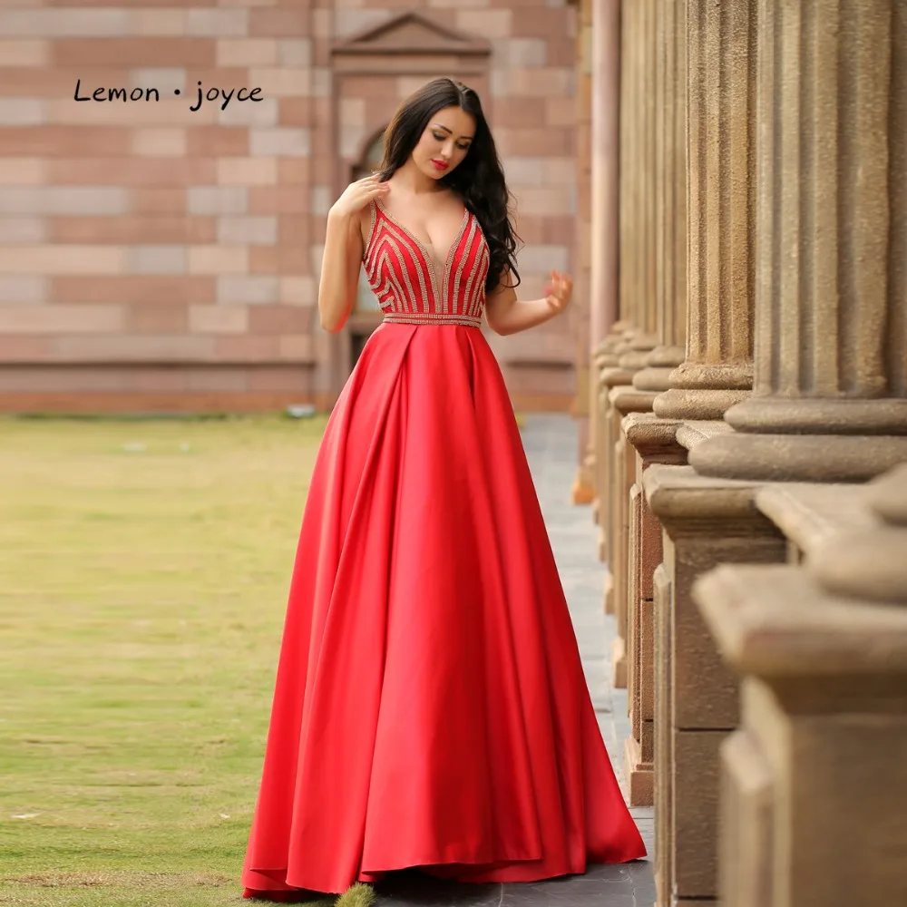 

Lemon Joyce Evening Dress 2019 Sexy Red Color Elegant A-Line V-Neck Floor lengh Crystal Beading Party Gown Plus Size
