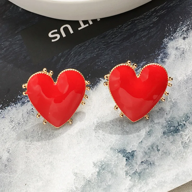 

UJBOX 2019 Sweet Love Heart Stud Earrings Women Personalized Beads Big Enamel Red Yellow Wedding Statement Jewelry Gift