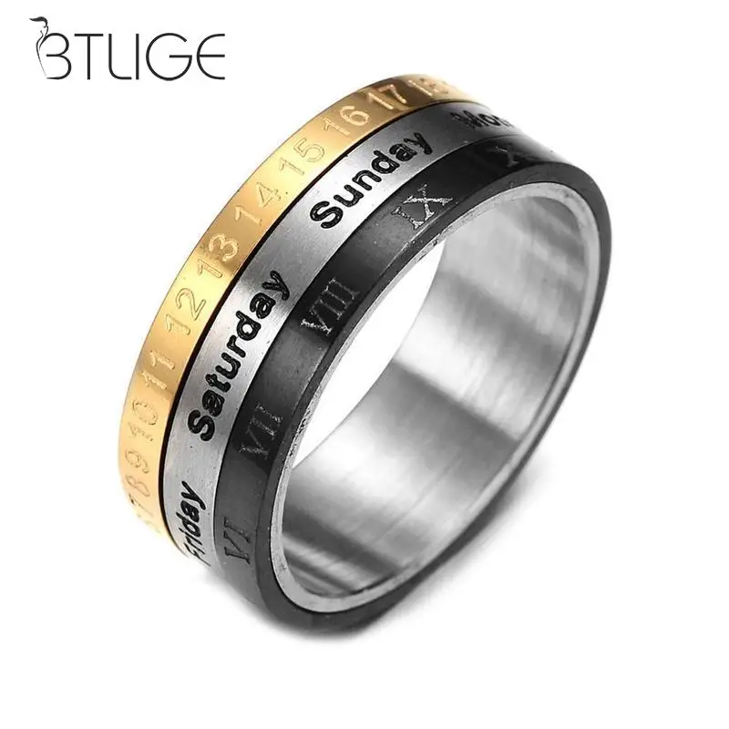 

3 Layers Roman Numerals Calendar Ring Rotatable Men Jewelry Titanium Cool Punk Spinner Male Bijoux Band With Date Time