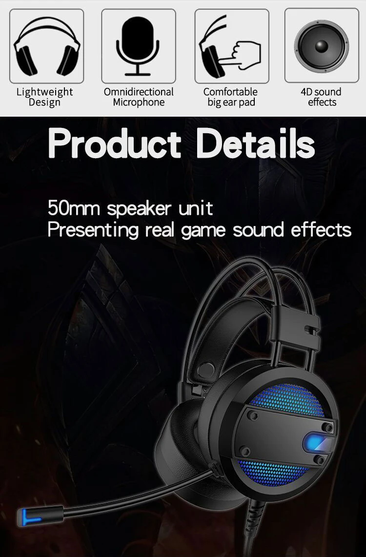 MagiftA10 Gaming Headset Stereo Headphones with MIC For Computer PC Laptop Gamer USB LED Light Glowing Over Ear For Video (3)