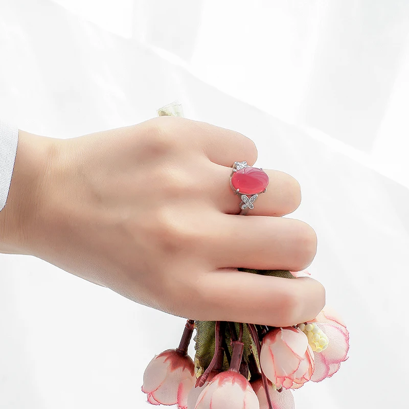 Fine Jewelry S925 Rings For Women Sterling Silver 14*10mm Chalcedony Natural Oval Red Gemstone Ring Luxury Vintage Anel R-CH001