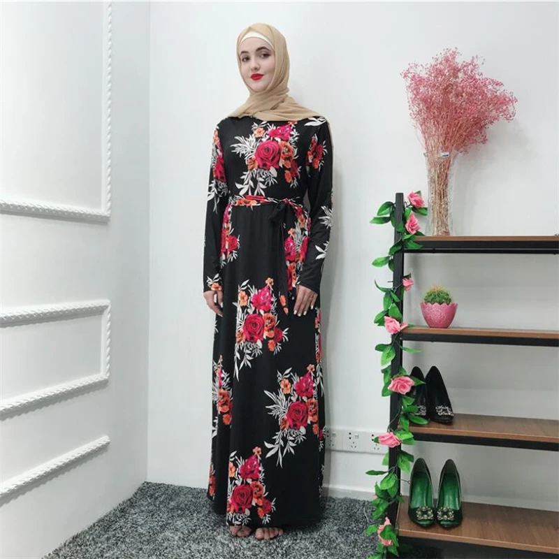 

2019 New Wholesale Floral printed elegant muslim dress evening for women islamic kaftan and abayas dubai arab turkey dresses