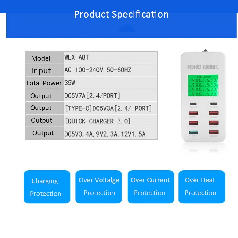 8 портов USB зарядное устройство 5V7A Quick Charge 3,0 USB-C type C lcd Показать зарядку для iPhone iPad samsung huawei Nexus источник питания