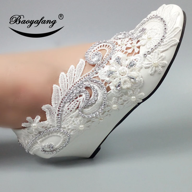 

BaoYaFang New White Flower crystal Women Wedding shoes Big Flower Ladies Party dress shoes Female 5cm Wedges Fashion shoes woman