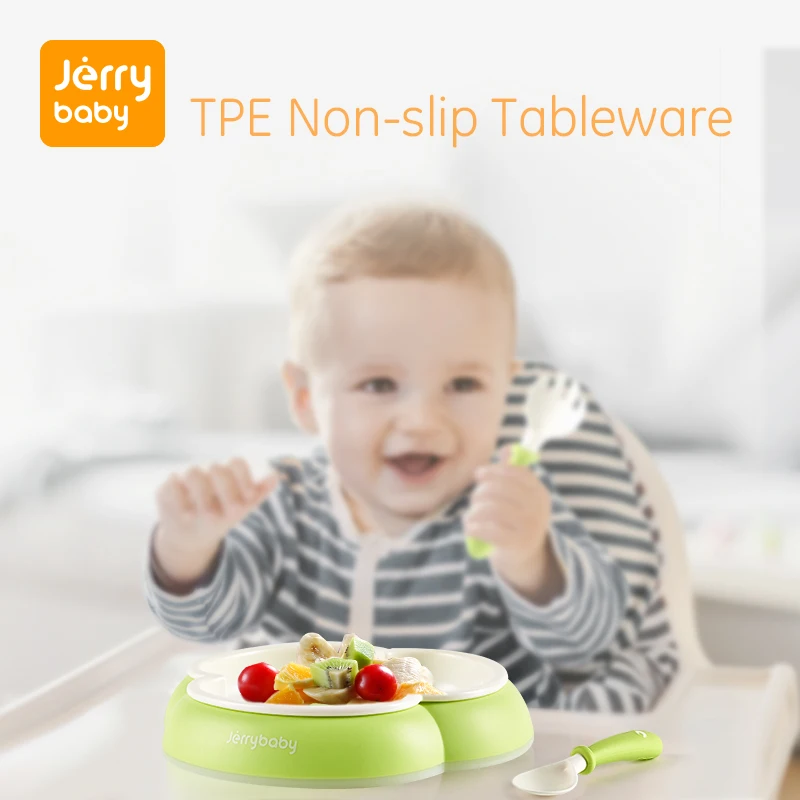 Jerrybaby Baby Silicone Dining Dinnerware BPA Free Toddler Train Spoon Cartoon Plate Tableware Fruit Tray Kid Food Feeding Dish