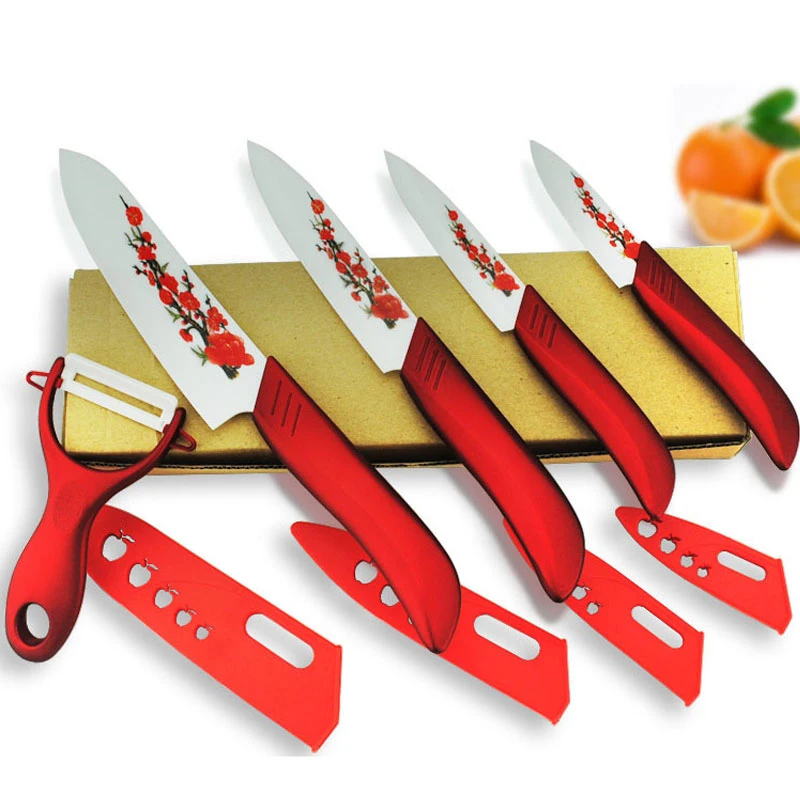 

Brand High sharp quality Ceramic Knife Set tools 3 4 5 6 Kitchen Knives with red flower + Covers