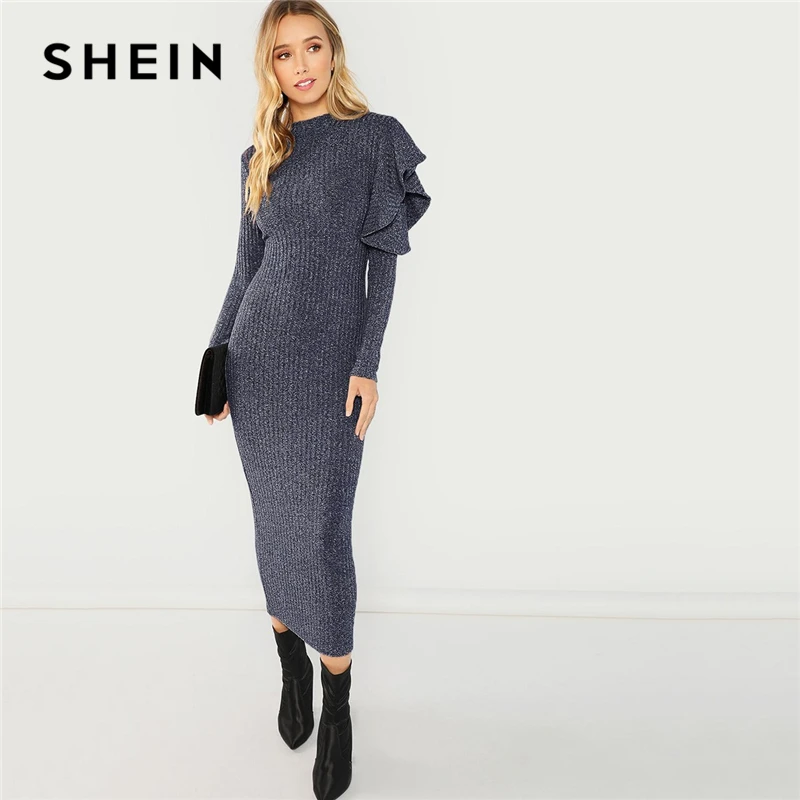 Buy SHEIN Navy Office Lady Ruffle Detail Solid Round Neck Long Sleeve Skinny