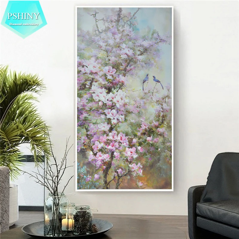 

PSHINY 5D DIY Diamond embroidery pink flower oil painting picture Full mosaic kit Square rhinestone Diamond Painting cross stich
