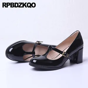 Block Heels Shoes For Women Genuine Leather Thick Black Kawaii Patent Mary Jane T Strap Retro High Pumps Round Toe Vintage
