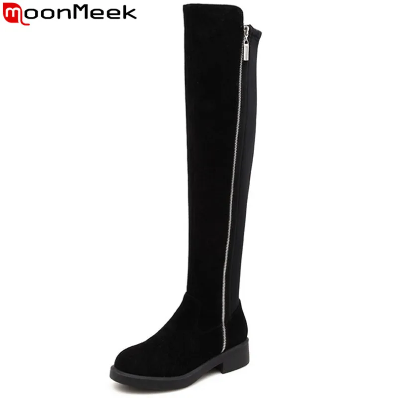 

MoonMeek black fashion autumn winter boots round toe zip stretch fabric+suede leather boots square heel ladyover the knee boots