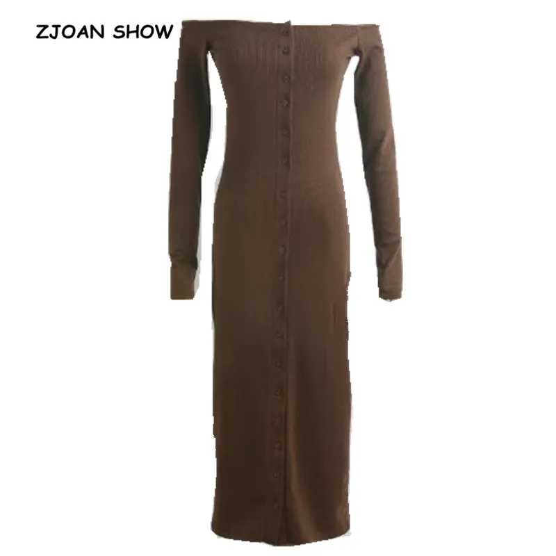 

Vintage OFF Shoulder Button bodycon mid-calf Sexy Autumn Dress Slash Neck Open Buttons Long sleeve Dresses 4 colors