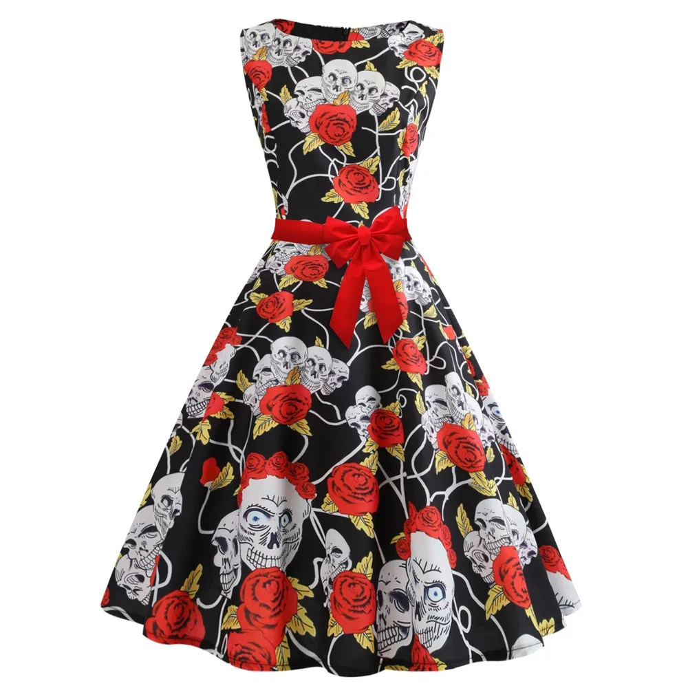 

Adult Women Halloween Death Of Day Horror Corpse Bride Fiesta Costume Skull Print Dress Dead Sugar