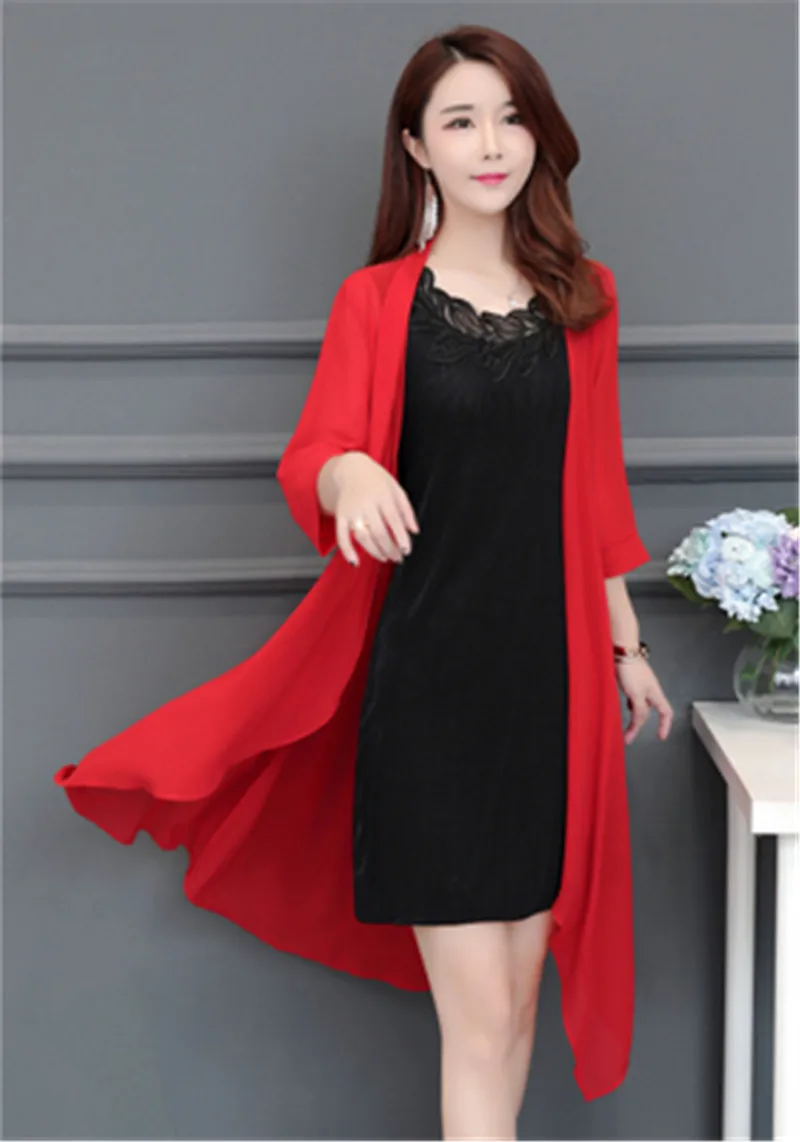 Летняя женская длинная размера плюс шифон кимоно кардиган ассиметричная женская блузка сплошной черный топ Большой размер XXXL 4XL 5XL PZ1507 - Цвет: Красный