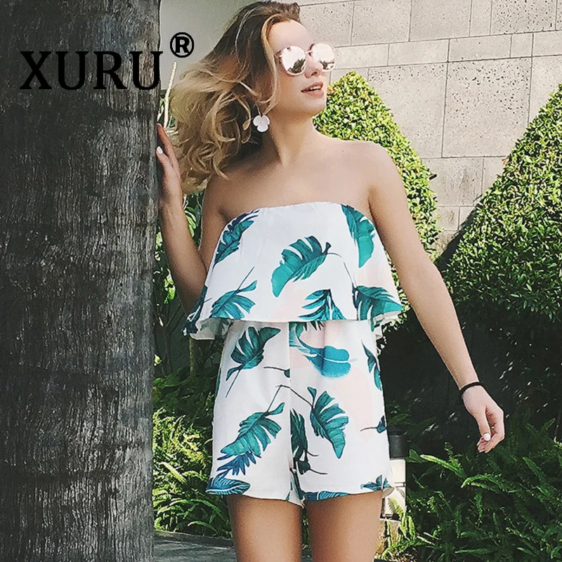 

XURU new hot summer women's one-piece shorts bohemian print ruffled tube top strapless loose casual jumpsuit