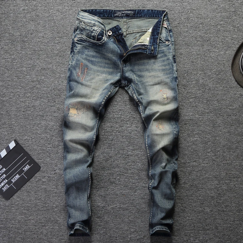 Fashion Streetwear Men s Jeans Slim Fit Retro Washed Destroyed Ripped Jeans For Men Elastic Classical 1