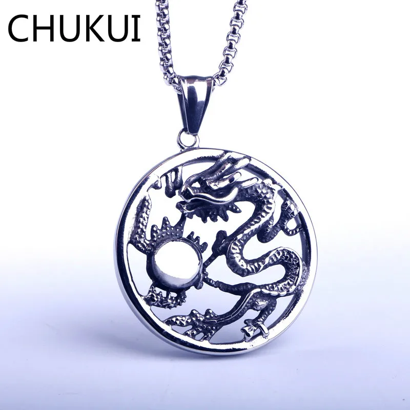 

CHUKUI Vintage Silver Tone Round Dragon Necklaces Custom Biker Men Stainless Steel Pendant Necklace Titanium Chain Jewelry