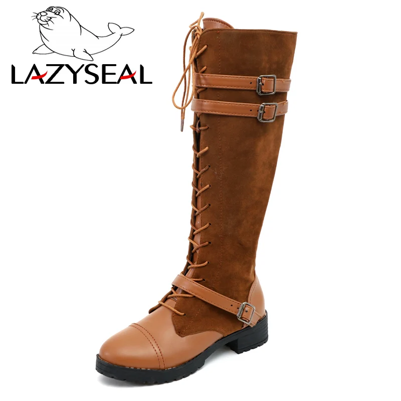 LazySeal/ботинки до середины икры женские кожаные ботинки на шнуровке zapatos mujer, большие размеры 35-43 женские зимние высокие сапоги на плоской подошве с пряжкой - Цвет: Brown