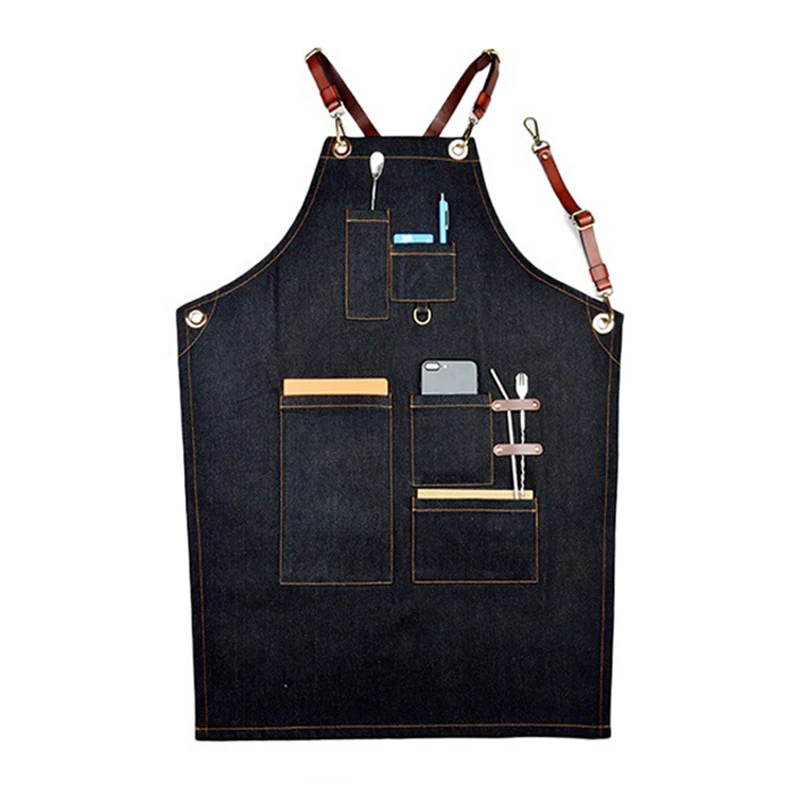 

1 Piece Denim Bib Apron Leather Strap Baker Work Uniform Bartender BBQ Chef Cook Support Tools Parts Aprons