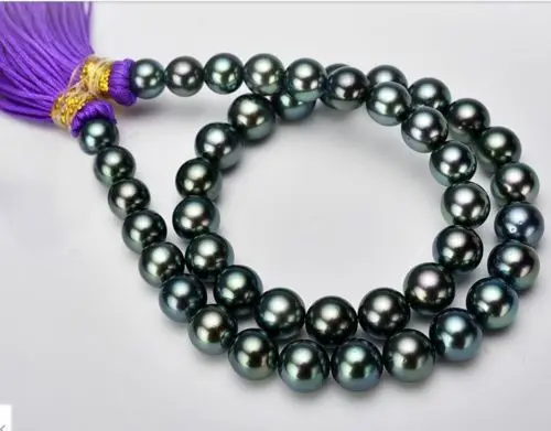 elegant AAAround 11-12mmTahitian black green pearl necklace18inch 14k