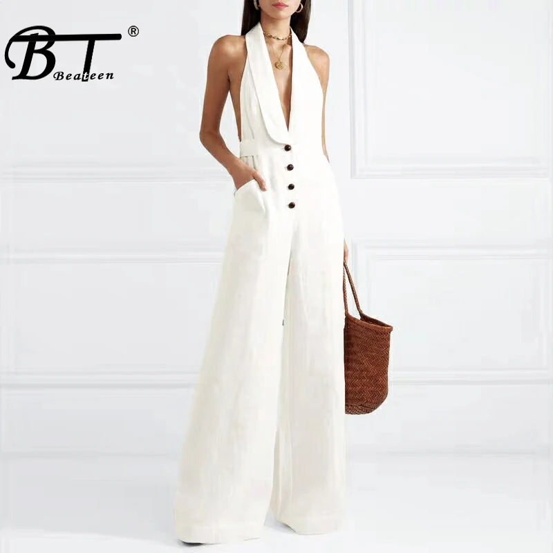 

Beateen 2019 New Casul Office Lady Sexy Deep V Halter Single Breasted Sleeveless Belt Buckle Women Party Summer Loose Jumpsuit