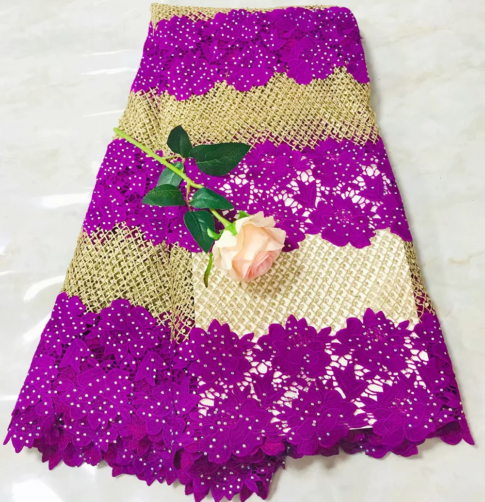 

2019 New Design African Cord lace High Quality Embroidered African Guipure Lace Fabric With Stones Purple and gold thread