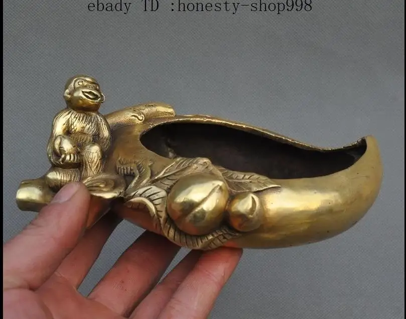 

671115602+++7"China Fengshui Brass Wealth peach Auspicious Monkey Statue Ashtray Tobacco Jar