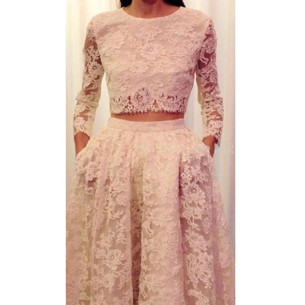 

2017 Two Pieces Gown Blush Pink Bridesmaid Dresses Long Prom Dresses Long Sleeve Floor Length Lace Prom Dress for Women