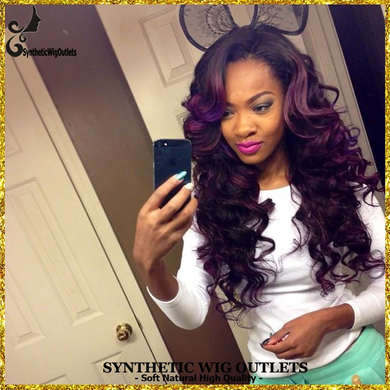 Purple Synthetic Lace Front Wig Ombre Black Root To Dark