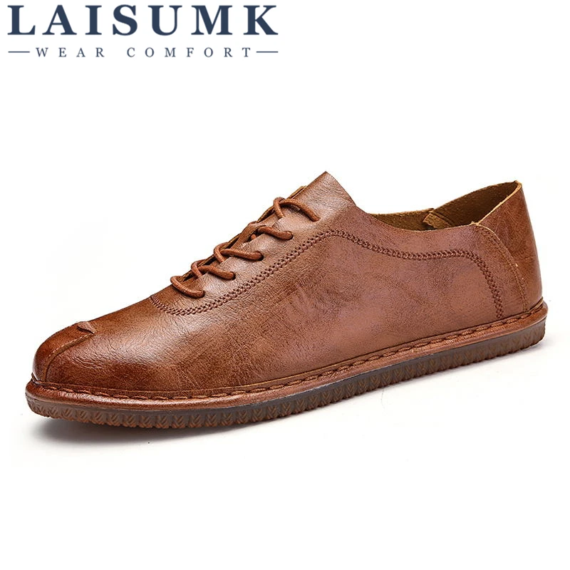 

2019 LAISUMK British Lace up Men Loafers Genuine Leather Men Shoes Luxury Brand Soft Boat Driving Shoes Comfortable Men Flats