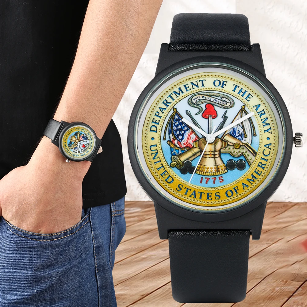 

Unique American Army Logo Dial Watch for Men Charming Quartz Analog Watches Comfortable Leather Band Wristwatch for Male