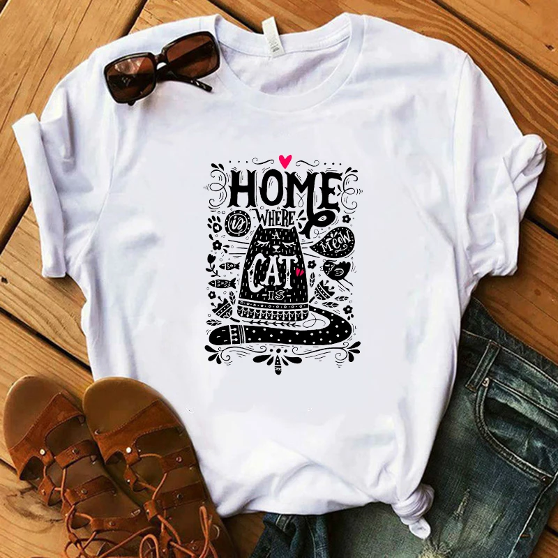 

2019 Womens Clothing Summer Top Graphic Animal White T shirt Home is Where The Cat is Harajuku Kawaii Streetwear Modis Tees