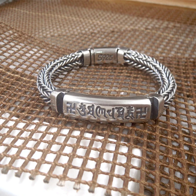 

Hand-woven Personality Bracelets 100% S925 sterling silver Six Words Mantra men Bracelet Vintage Punk Thai silver Fine Jewelry
