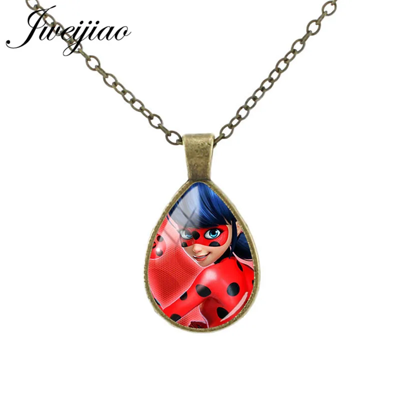 

JWEIJIAO Cartoon Fashion Ladybugs Girl Tear Drop Necklace Glass Cabochon Image Water Drop Pendant Jewelry LB54