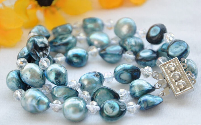 

000234 3row 8" blue baroque pearl faceted crystal bracelet