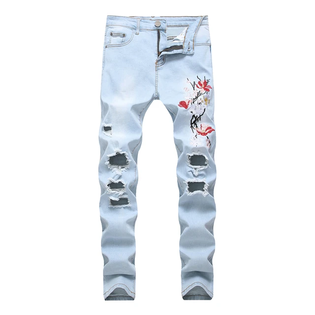 Buy Ripped Jeans with Embroidery Men with Flowers Rose