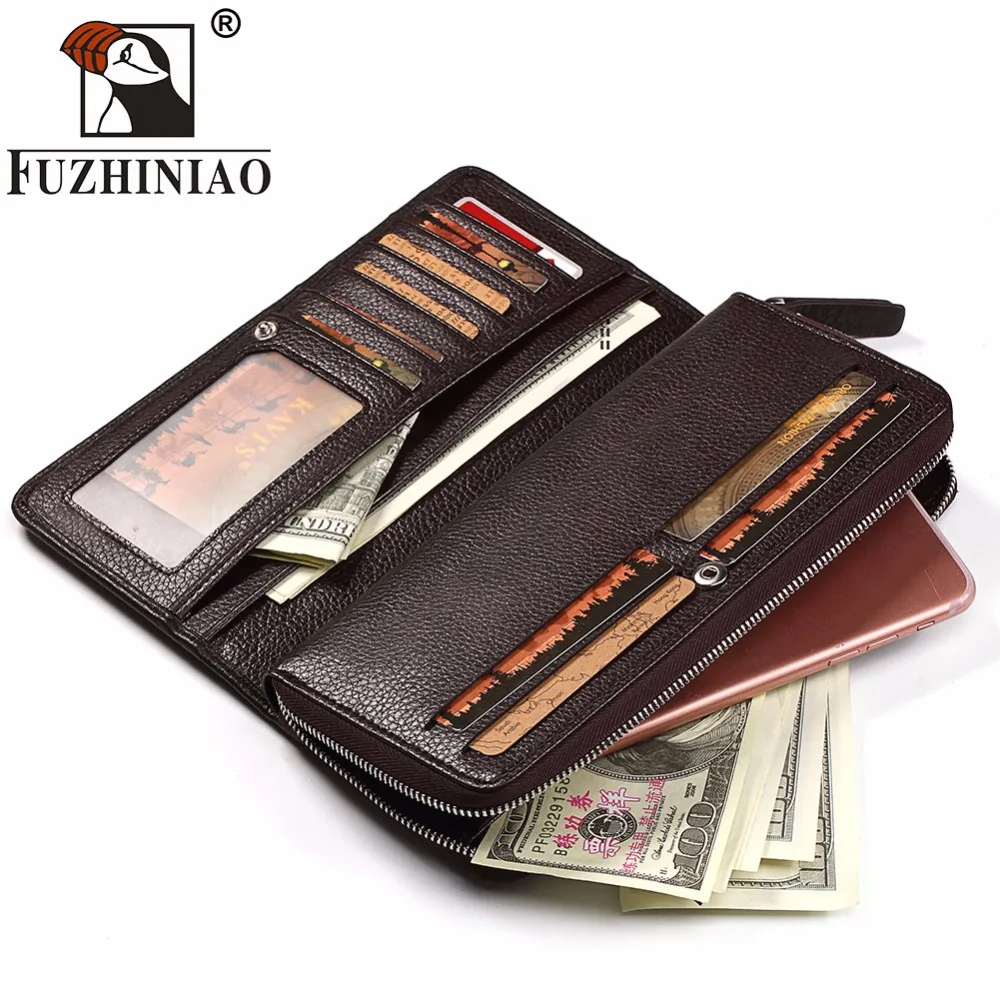 

FUZHINIAO 100% Genuine Leather Wallet Money Clip Male Walet Fashion Male Purses Portemonnee Long Phone Wallets Man's Clutch Bags