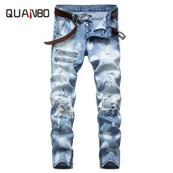 

QUANBO 2019 Spring and Autumn New Men's Jeans Stretch Slim Fit Fashion Hole Ripped Denim Pants Foot Zipper Hip Hop Streetwear 46