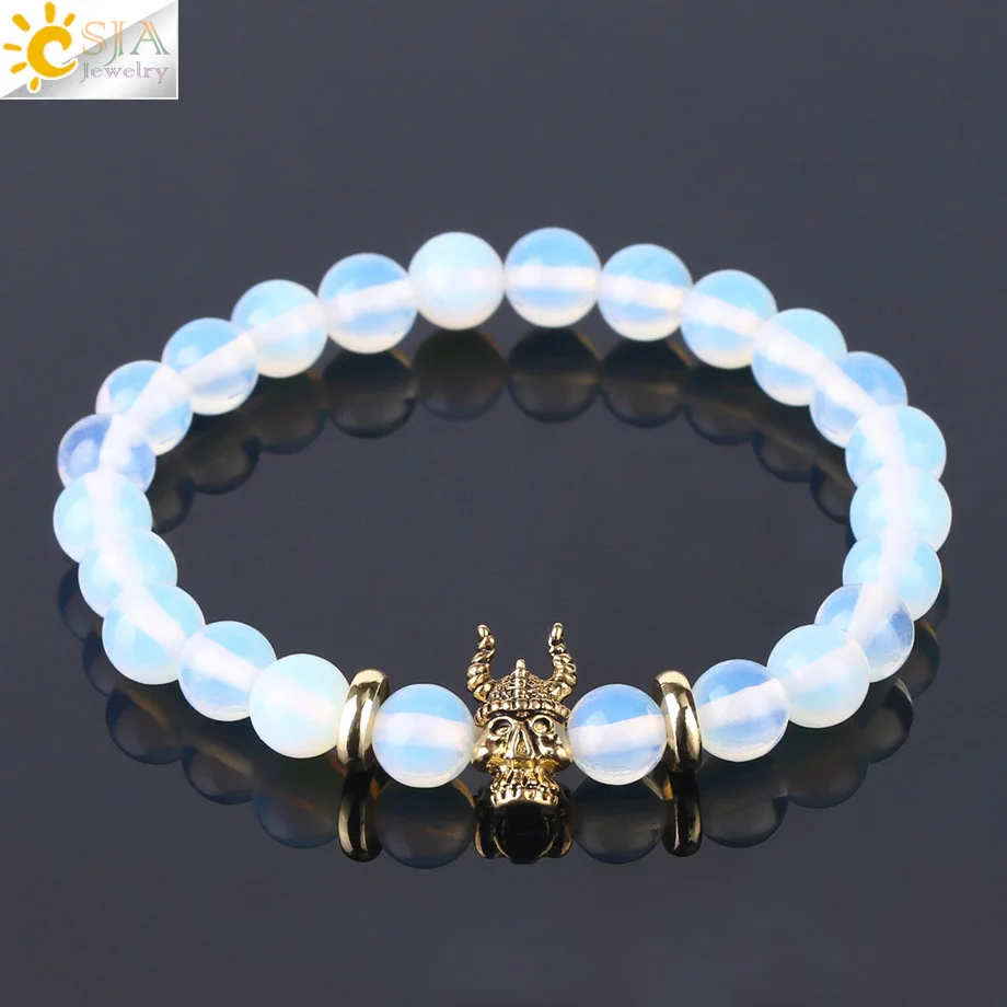 

CSJA Opal Round Mala Prayer Beaded Bracelets for Girl Chakra Vintage Tibetan Buddha Lion Head Charm Meditation Jewelry Gift F453