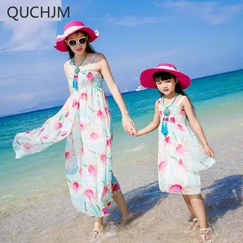 

2017 Real Summer Style Me Clothes Mother Daughter Matching Dresses Bohemia Children Dress Printing Holiday Beach Skirt Waist 137