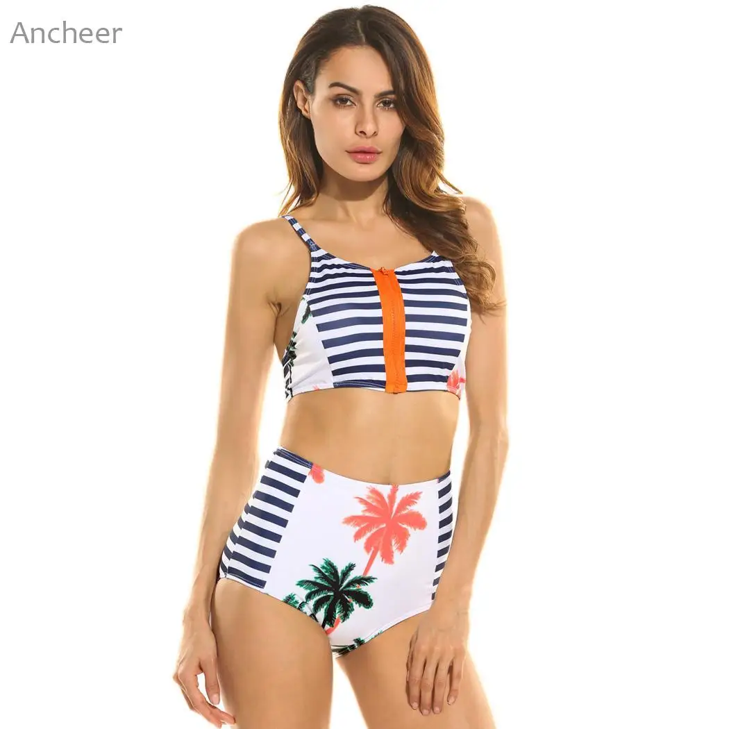 Women Swimsuit Sexy Spaghetti Straps Front Zip Prints Patchwork Bikini