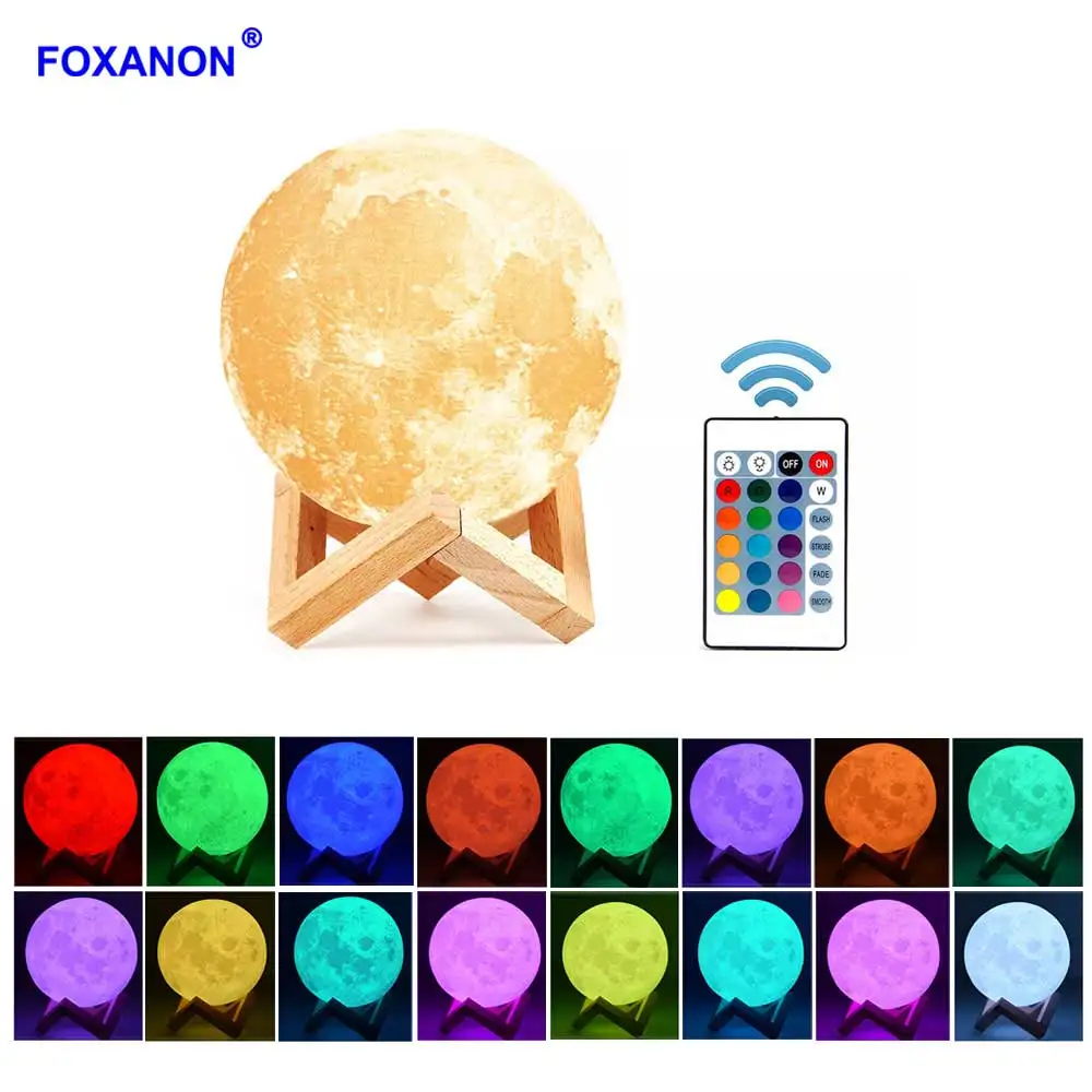 Лампа Foxanon с 3D принтом Луны перезаряжаемая RGB 16/2 цветная сенсорный датчик Ночной