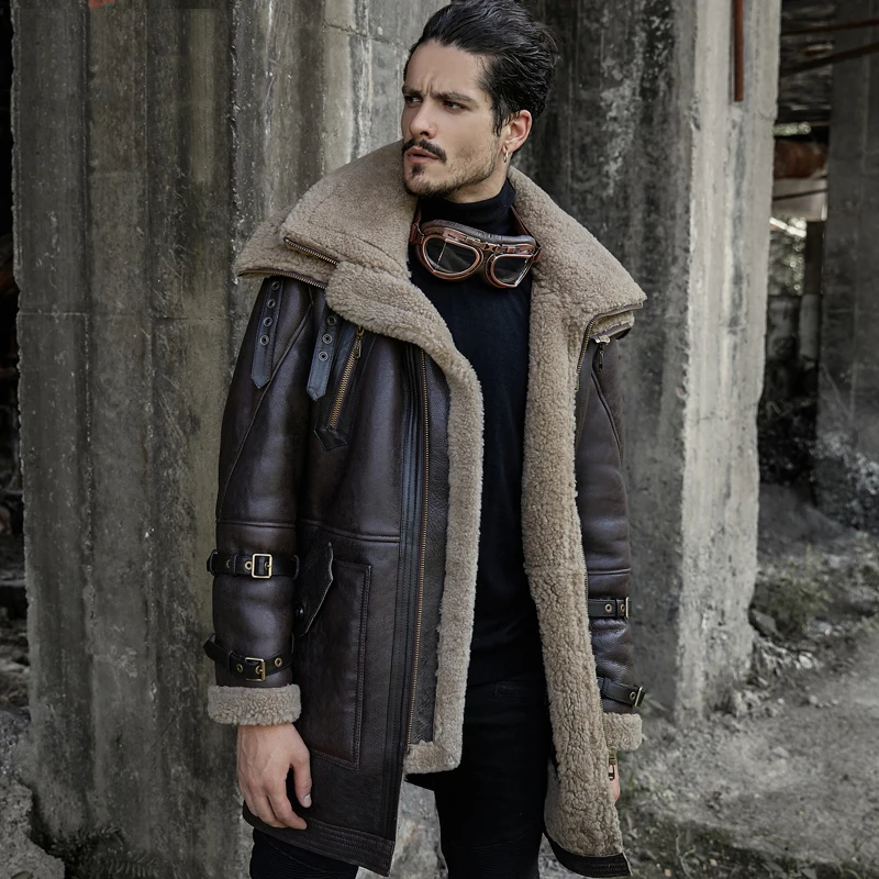 

B3 Flight Jacket Double Collar Design Men's Shearling Jacket Long Style Leather Jacket Mans Sheepskin Aviator Fur Coat