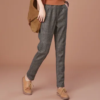 

Female Plus Sweat Plaid Pants Warm Autumn And Winter Thick woolen Pants Female Casual Pants Large Lattice Thick Harem Pants